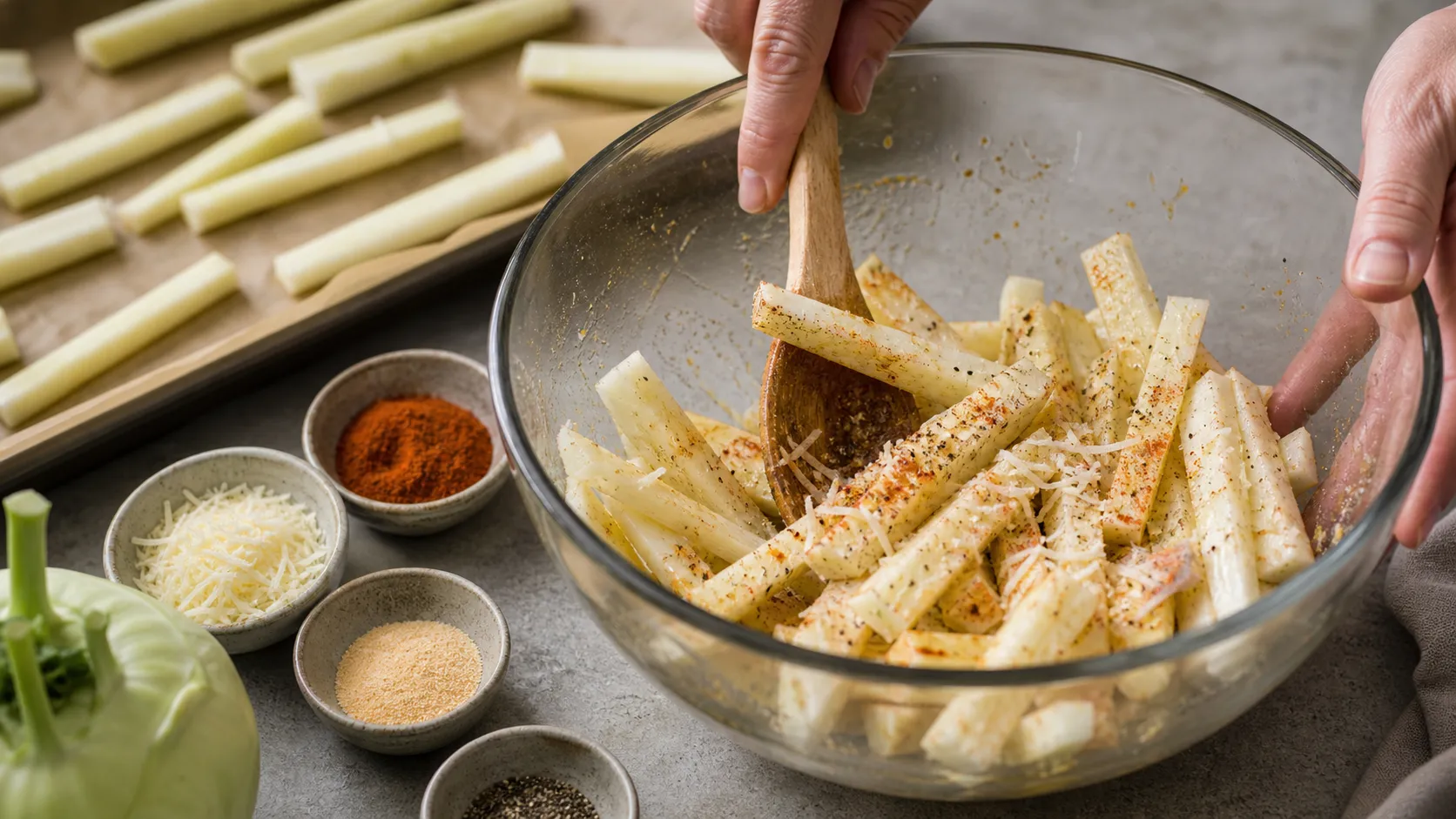 Kohlrabi sticks tossed with olive oil, paprika, garlic powder and Parmesan in a bowl