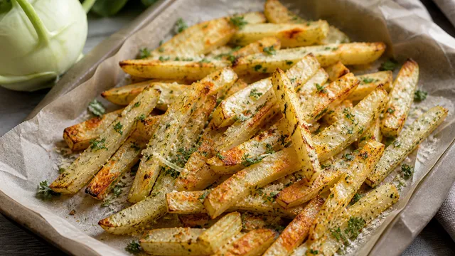 Golden-brown keto kohlrabi fries from the oven with Parmesan and parsley on parchment paper