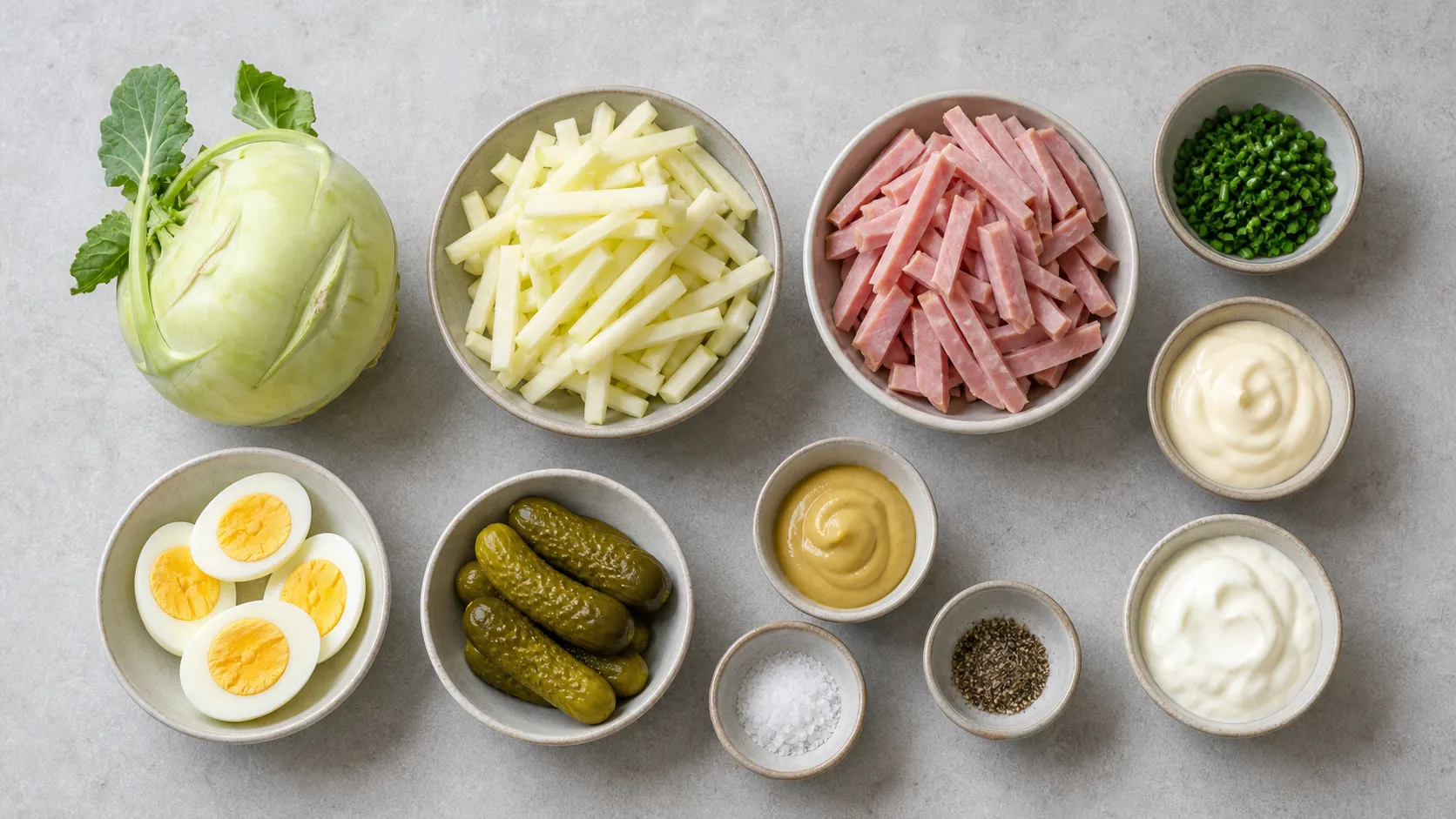 Ingredients for keto kohlrabi ham salad: kohlrabi, cooked ham, eggs, pickles and mustard