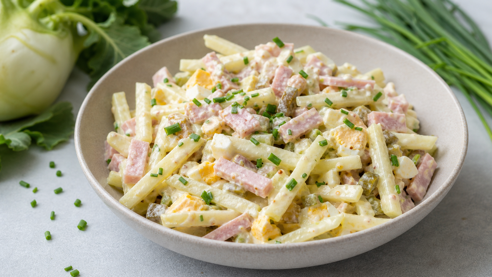 Keto kohlrabi ham salad with pieces of egg, pickle and a creamy mustard dressing in a bowl