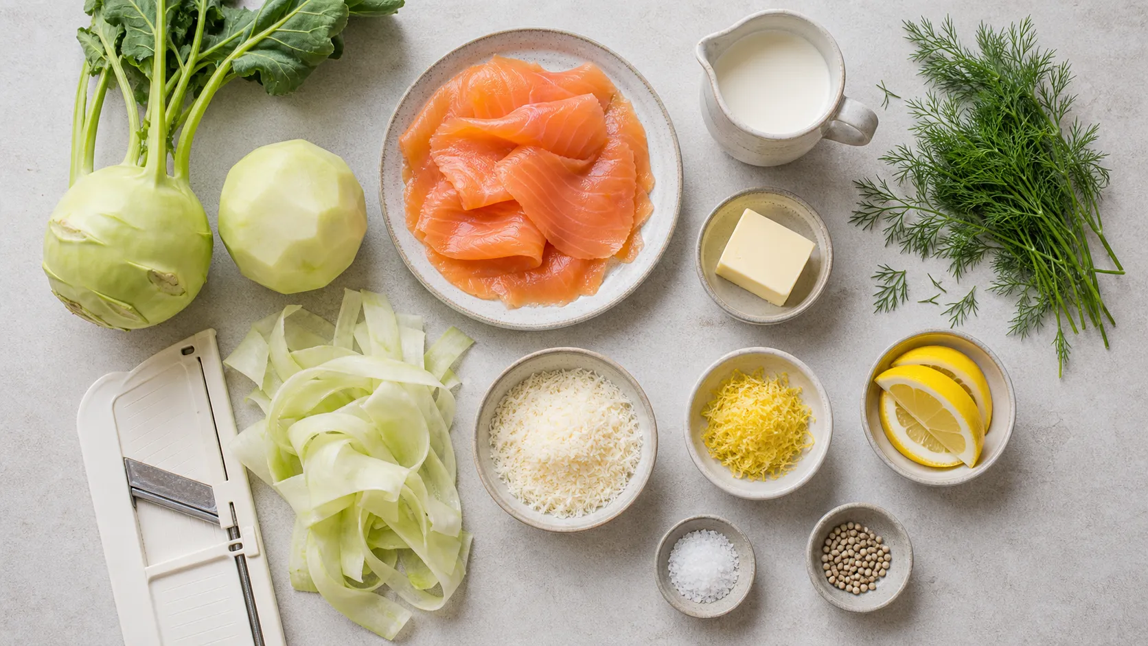Ingredients for keto kohlrabi tagliatelle: kohlrabi, smoked salmon, cream, butter, fresh dill and lemon