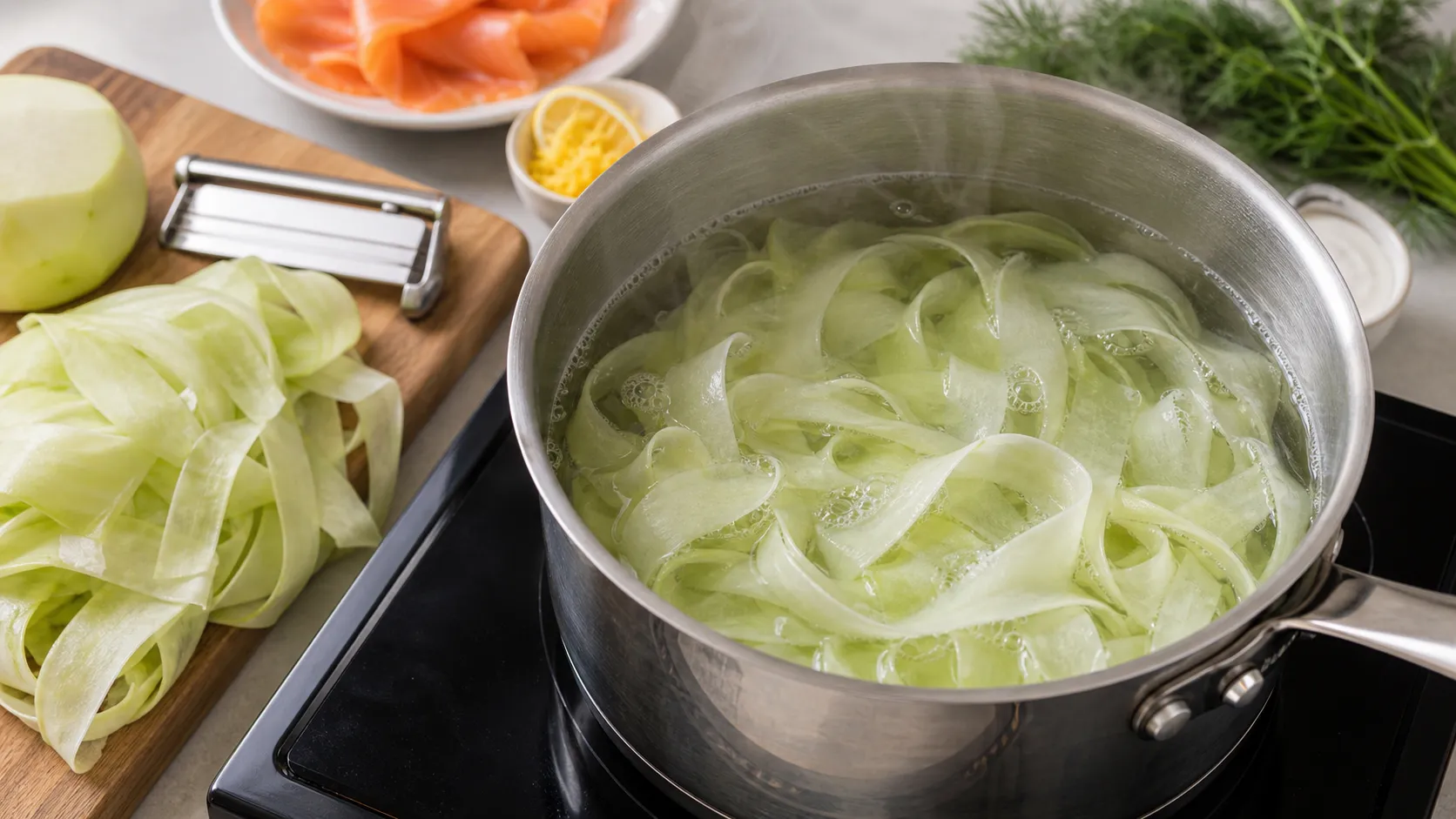 Thin kohlrabi ribbons being blanched in boiling water, with a mandoline slicer on a cutting board beside