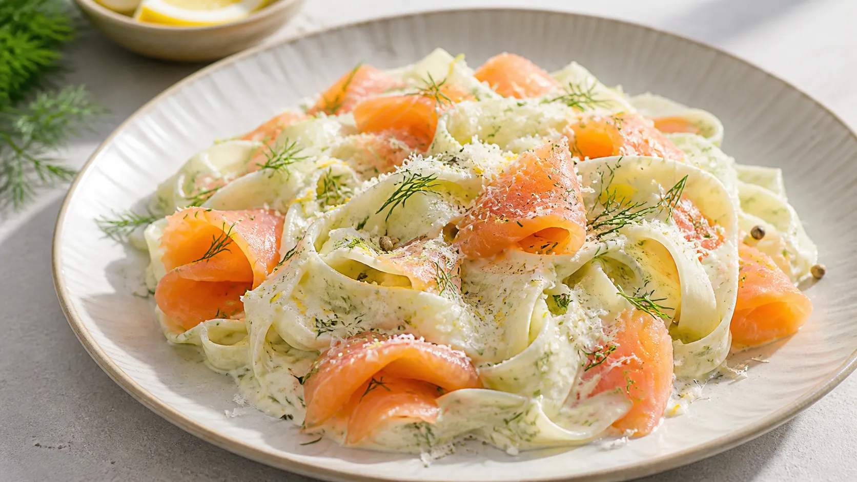 Keto kohlrabi tagliatelle with smoked salmon on a light plate: thin kohlrabi ribbons with creamy dill sauce and pink smoked salmon