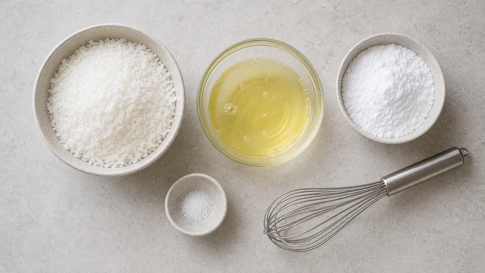 Ingredients for keto coconut macaroons with shredded coconut, egg white and erythritol