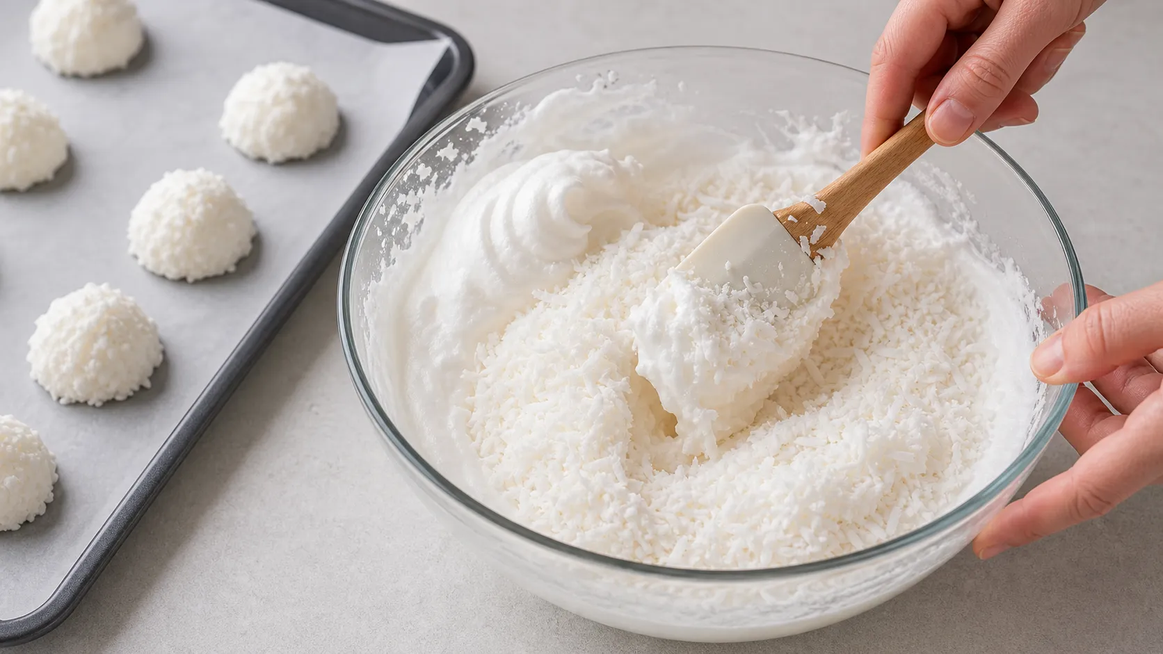 Shredded coconut being gently folded into stiff egg whites