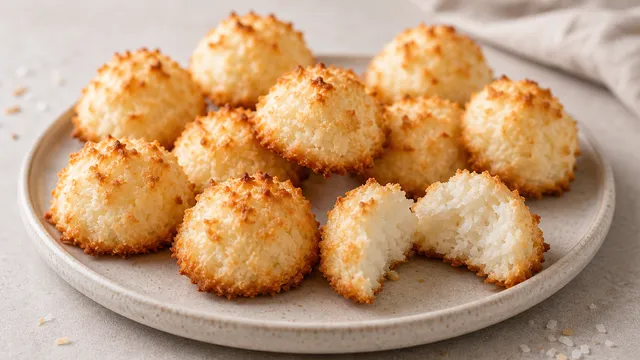 Keto coconut macaroons baked golden-brown on a plate