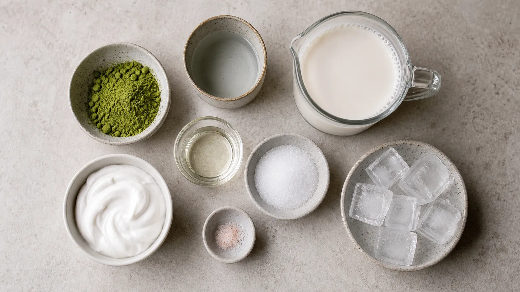 Ingredients for Keto Coconut Matcha Latte with Almond Milk and MCT Oil: 1 tsp matcha powder, 40 ml warm water (70–80 °C), 180 ml unsweetened almond milk, 35 g coconut cream, 15 ml MCT oil, 1 tsp erythritol