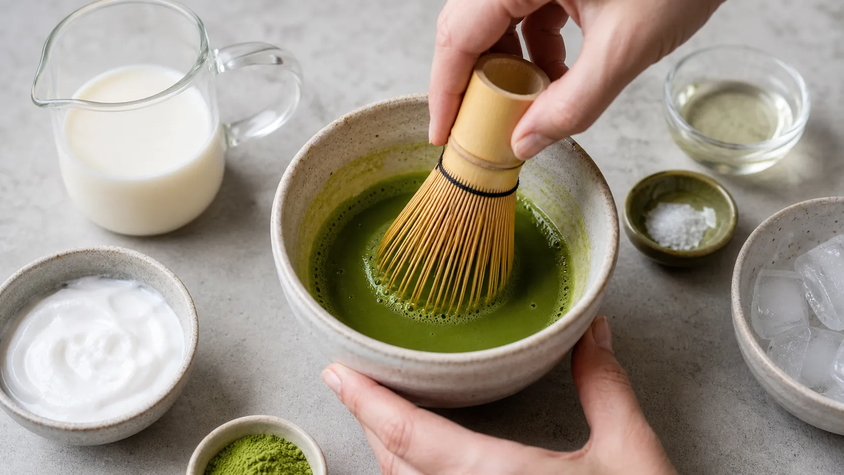 Preparation step for Keto Coconut Matcha Latte with Almond Milk and MCT Oil: Add almond milk, coconut cream, MCT oil, erythritol, salt, and ice cubes to a blender.