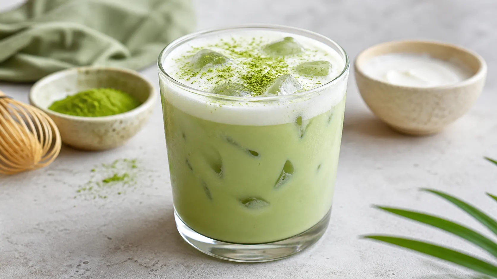 Keto coconut matcha latte with almond milk, coconut cream, and ice cubes in a glass