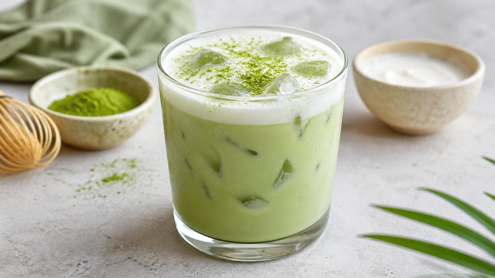 Keto coconut matcha latte with almond milk, coconut cream, and ice cubes in a glass