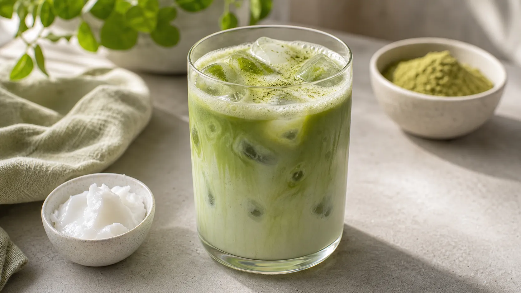 Keto coconut matcha latte with almond milk, coconut cream, and ice cubes in a glass
