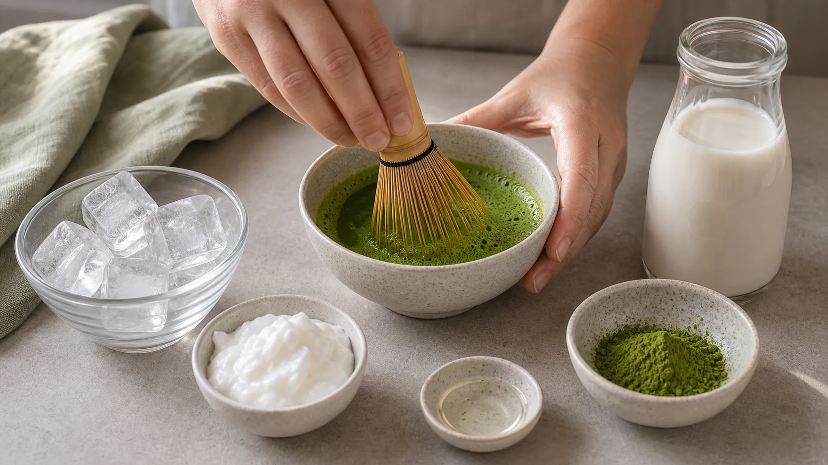 Matcha powder being whisked with warm water in a bowl