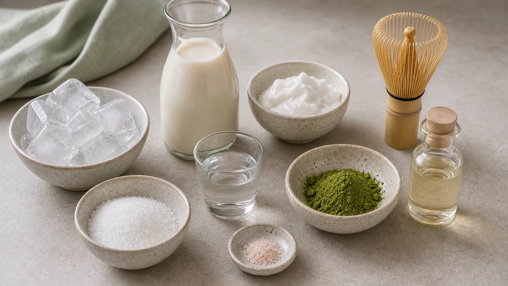 Matcha powder, almond milk, coconut cream, MCT oil, erythritol, ice, and salt for a keto matcha latte