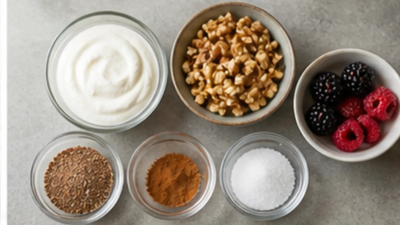 Ingredients for keto coconut yogurt with walnuts, flaxseed, cinnamon, erythritol and berries