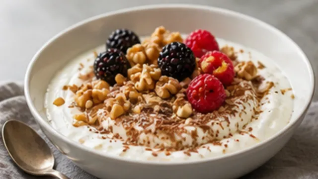 Keto coconut yogurt in a bowl with walnuts, flaxseed, cinnamon and berries