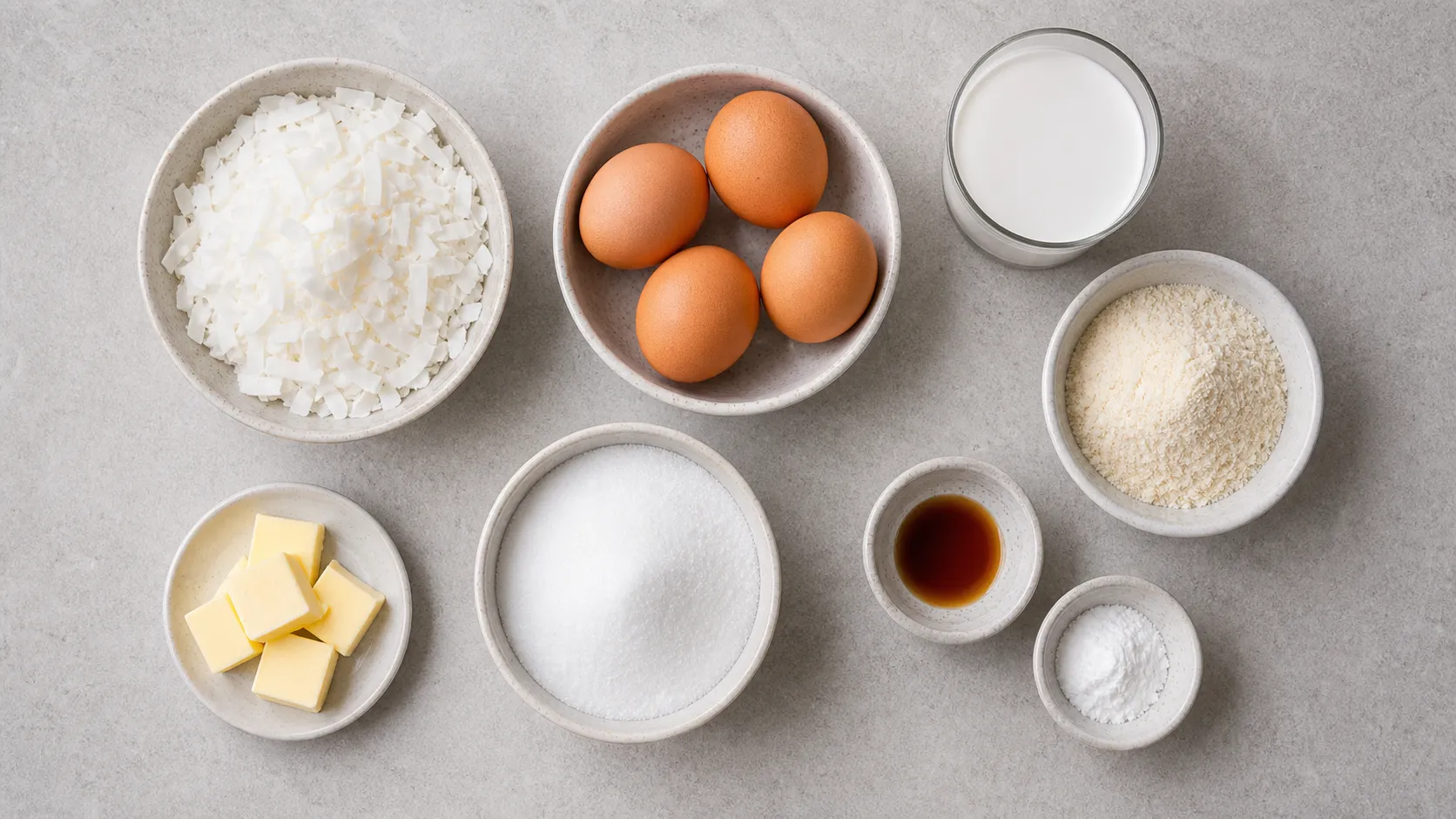 Ingredients for keto coconut cake: shredded coconut, coconut flour, eggs, butter and coconut milk