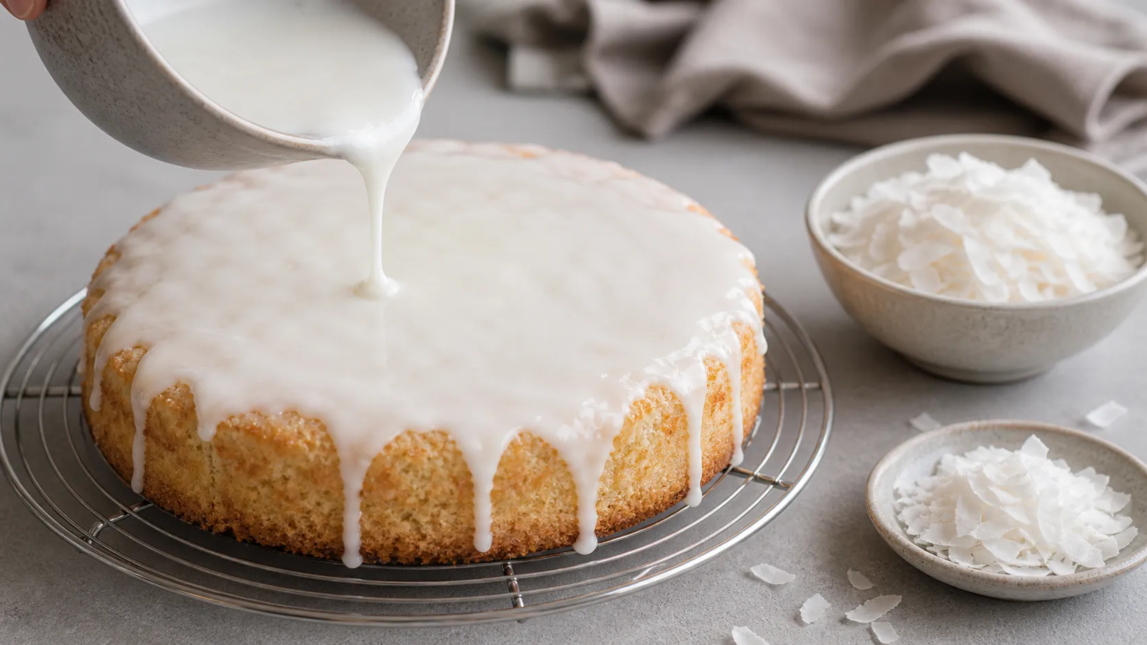 Coconut cake being coated with a white coconut-erythritol glaze