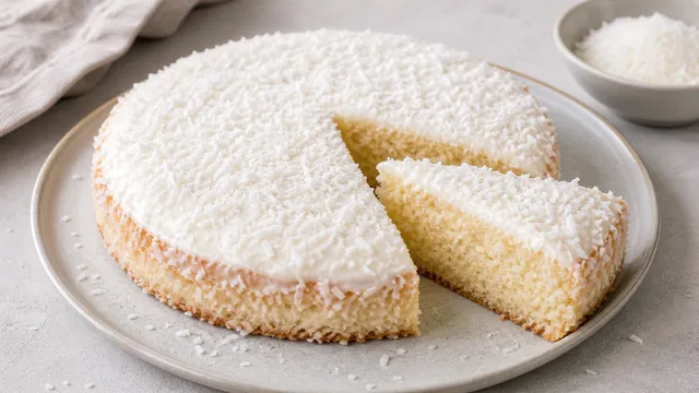 Keto coconut cake with light crumb and shredded coconut topping