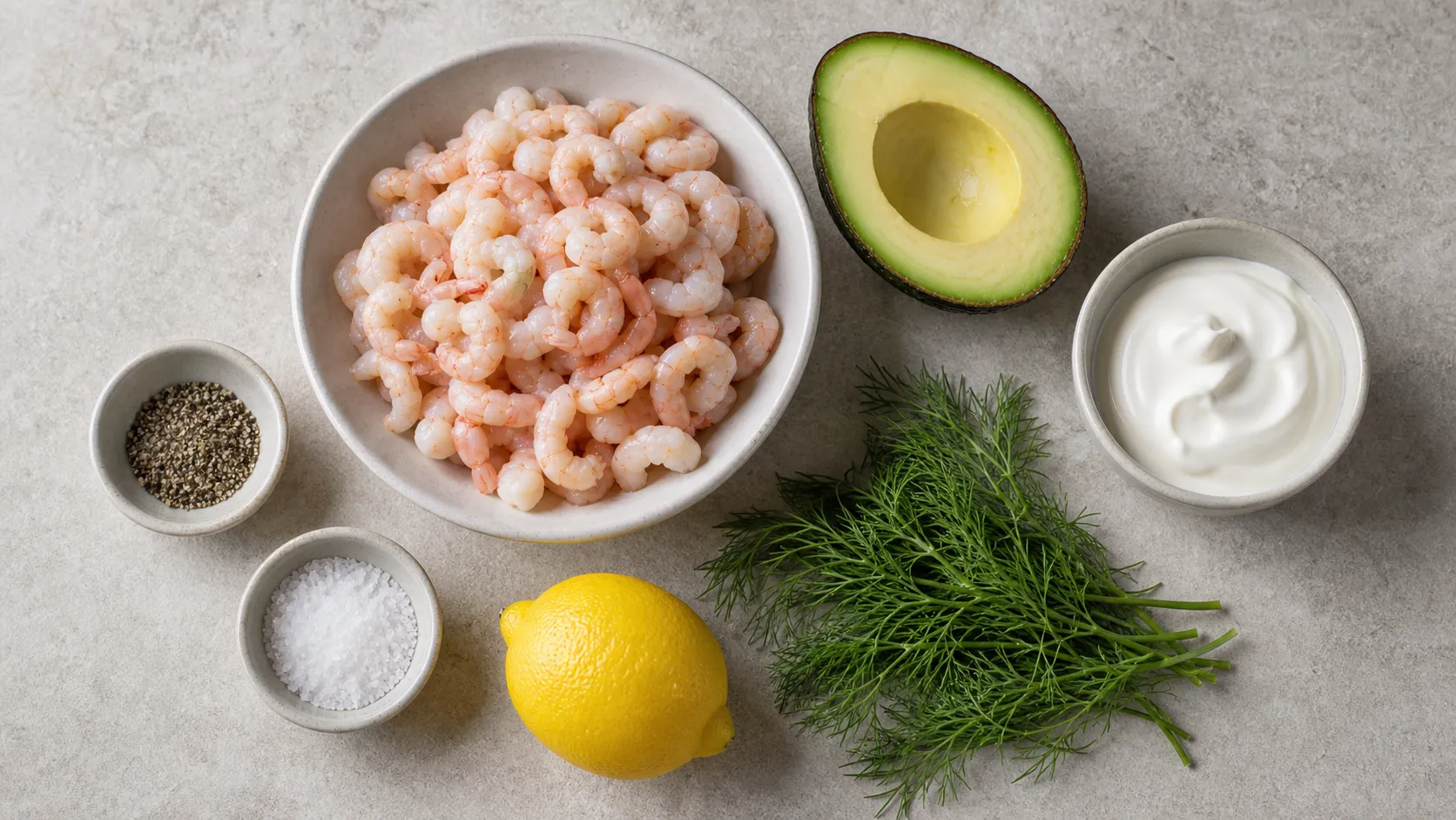 Ingredients for keto crab salad with North Sea brown shrimp, avocado, sour cream, dill, lemon, salt and pepper