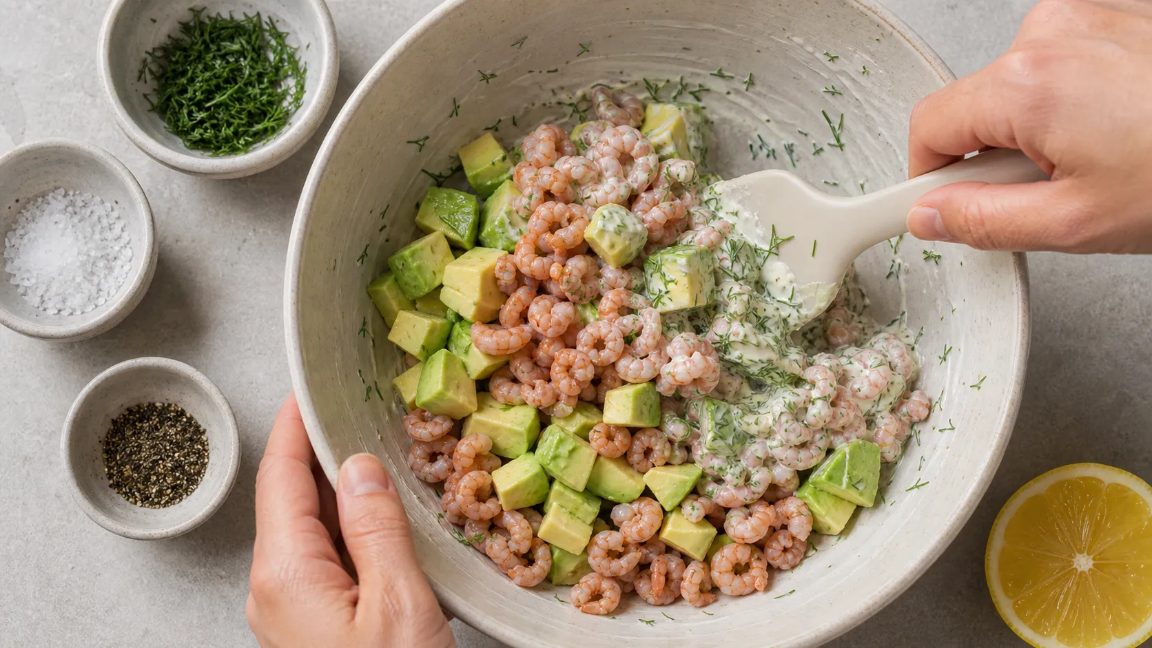 North Sea brown shrimp and avocado being folded with sour cream and dill for keto crab salad