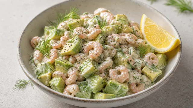 Keto crab salad with North Sea brown shrimp, avocado, sour cream, dill and lemon in a bowl