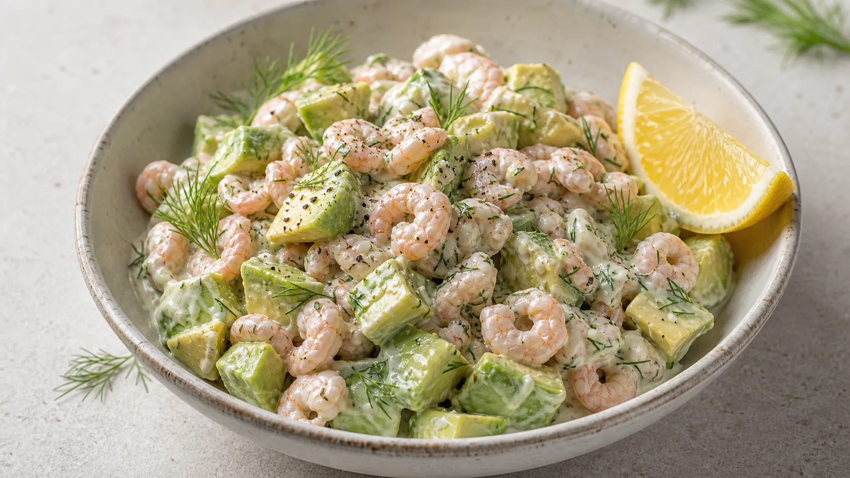 Keto crab salad with North Sea brown shrimp, avocado, sour cream, dill and lemon in a bowl