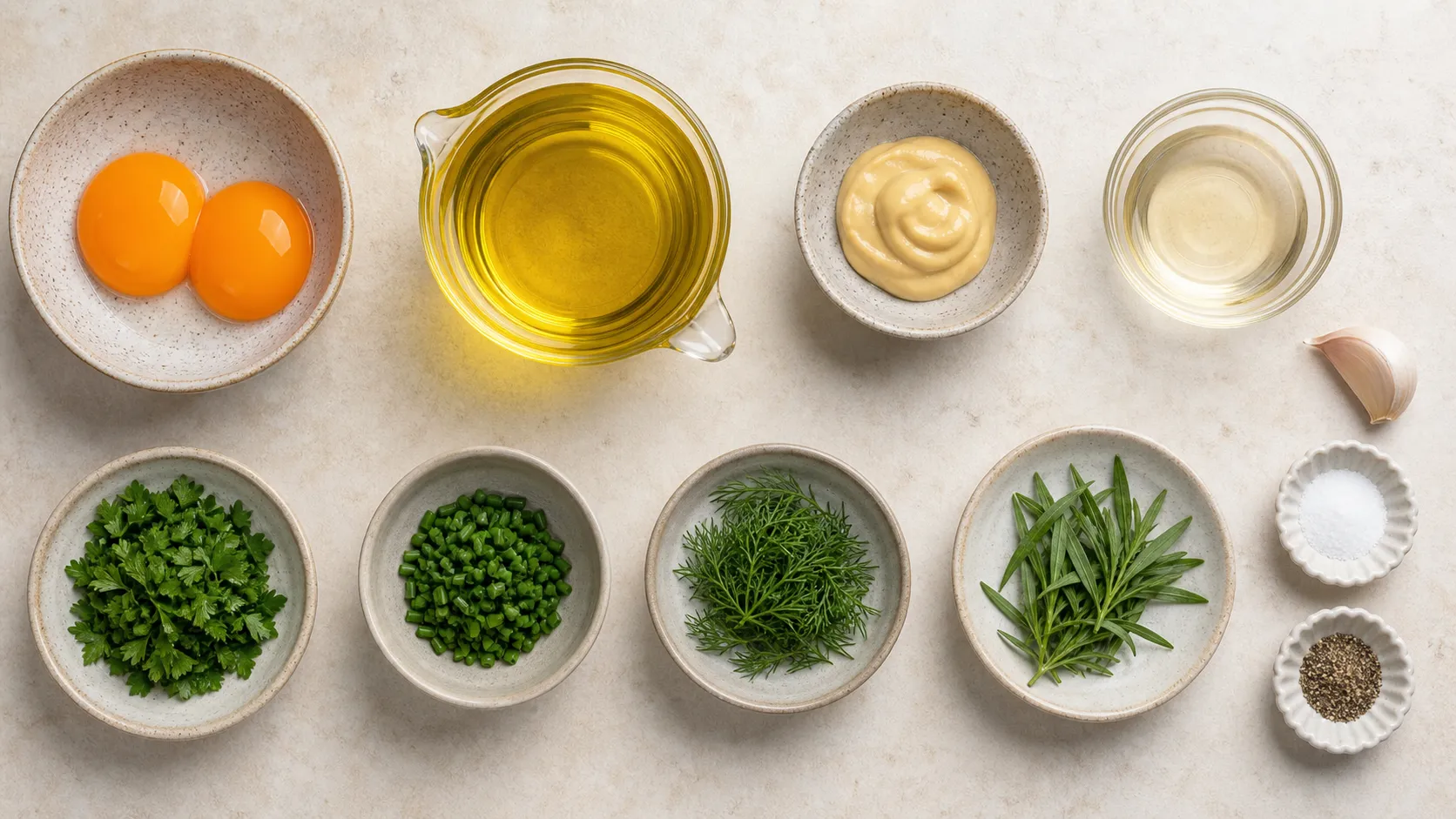 Ingredients for keto herb mayonnaise: egg yolk, canola oil, Dijon mustard, vinegar and fresh herbs