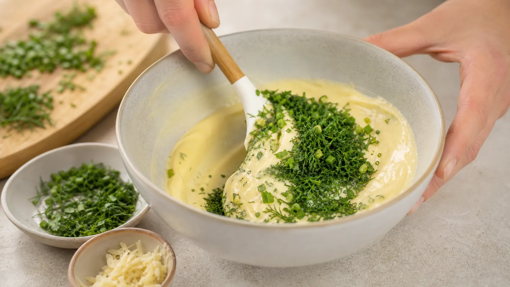 Finely chopped herbs being folded into the finished mayonnaise