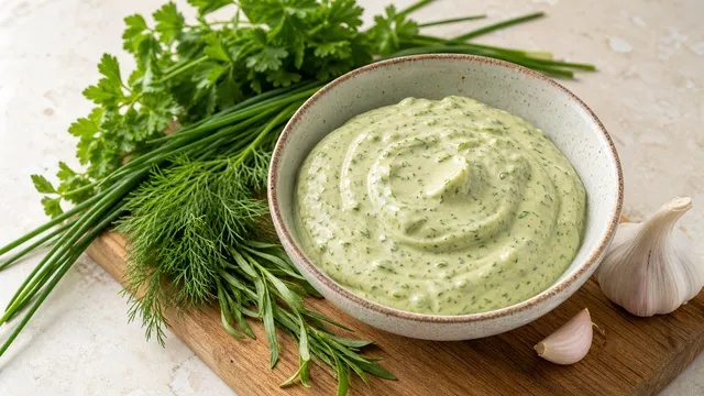Green keto herb mayonnaise in a bowl with fresh herbs beside it