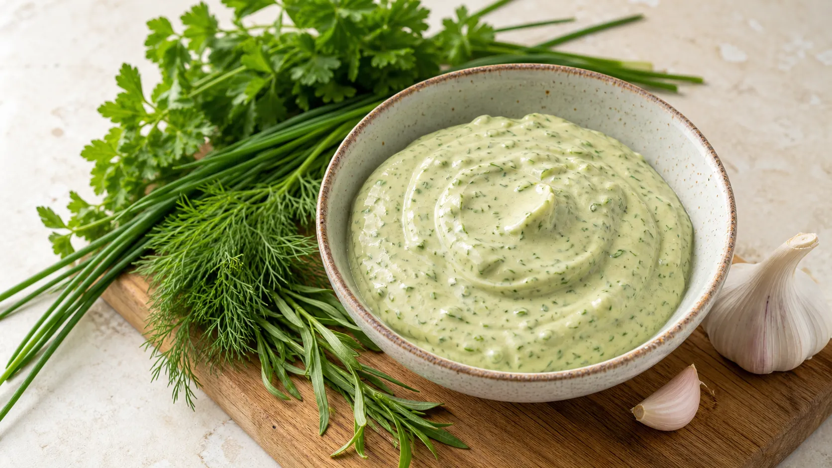 Green keto herb mayonnaise in a bowl with fresh herbs beside it