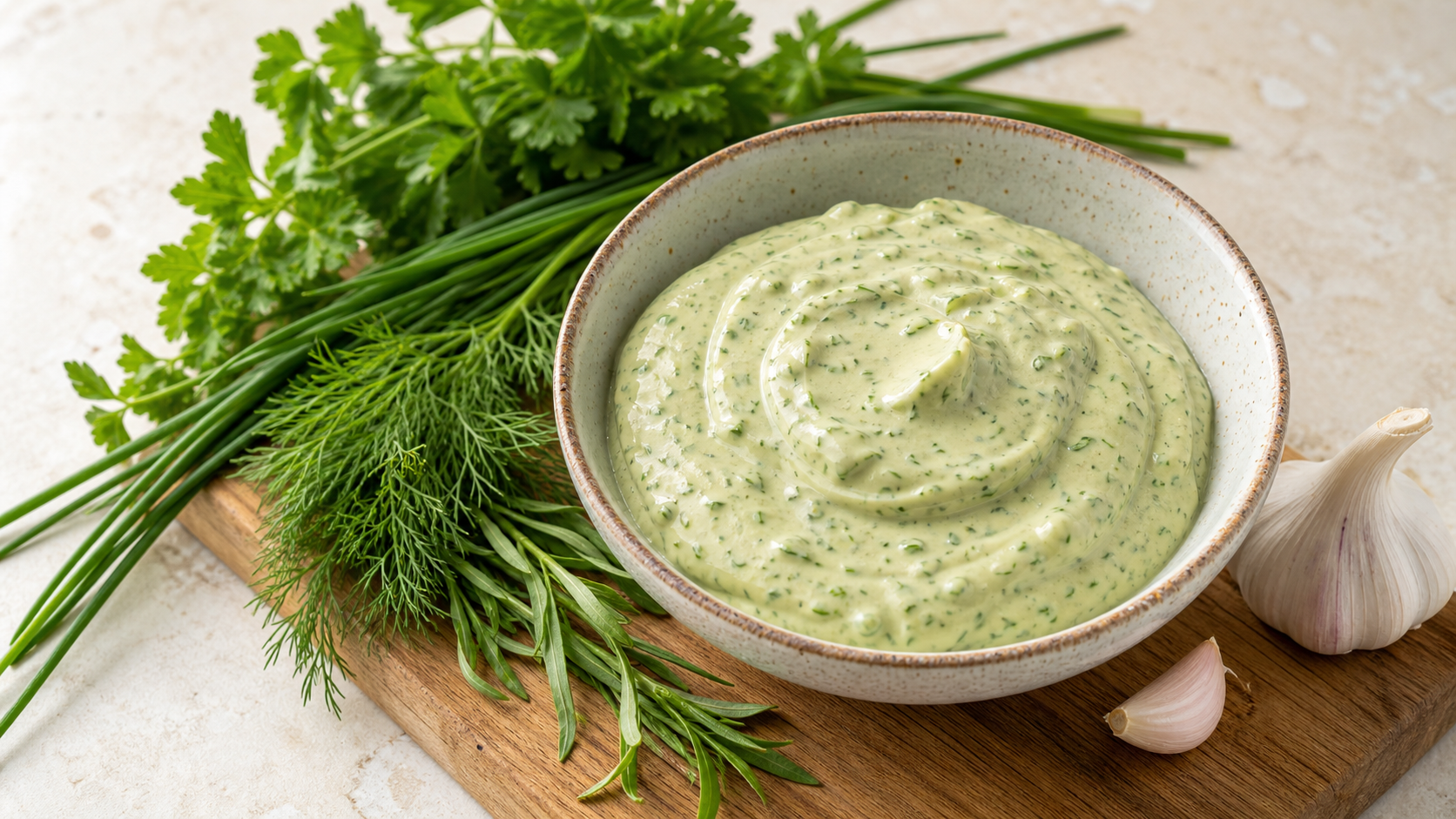 Green keto herb mayonnaise in a bowl with fresh herbs beside it