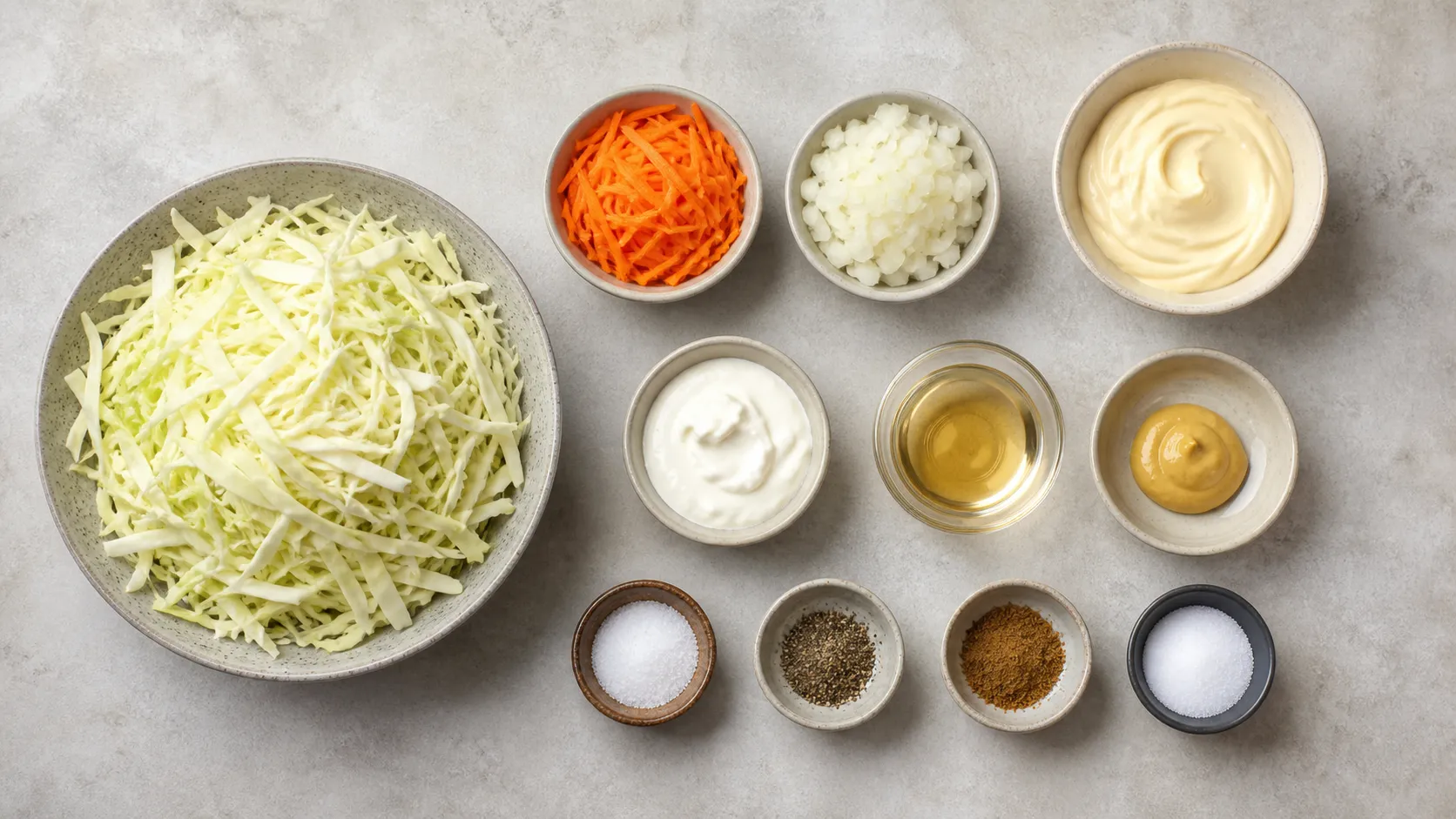Ingredients for keto coleslaw: white cabbage, carrot, onion, mayonnaise, sour cream, cider vinegar, mustard and erythritol