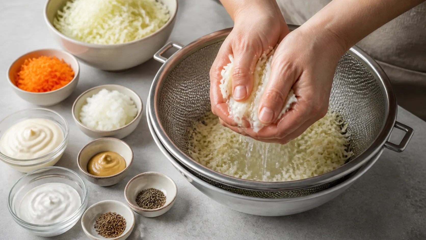 Salted, finely shredded white cabbage being squeezed out by hand in a sieve