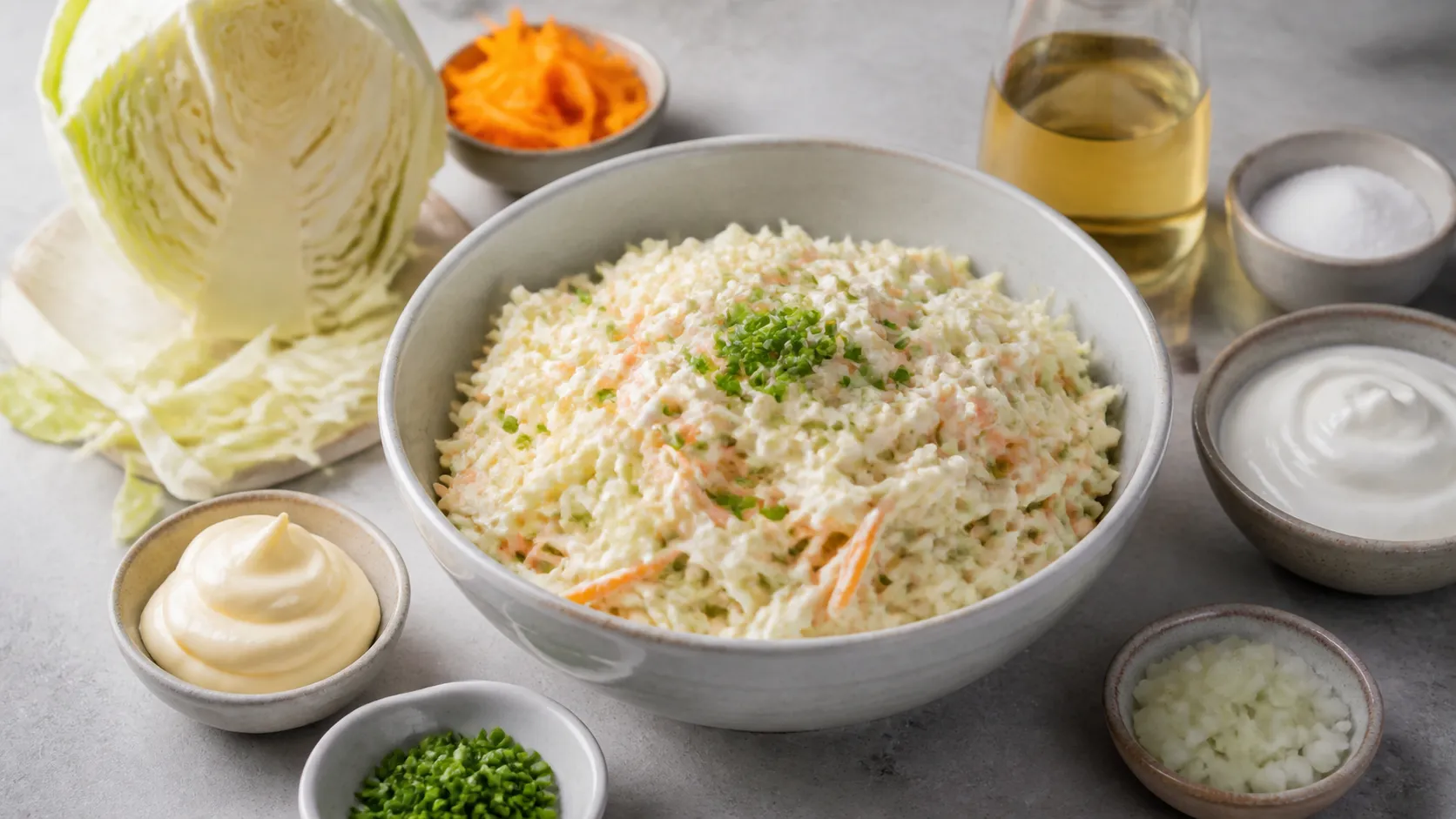 Creamy keto coleslaw of finely shredded white cabbage in a bowl, scattered with chives