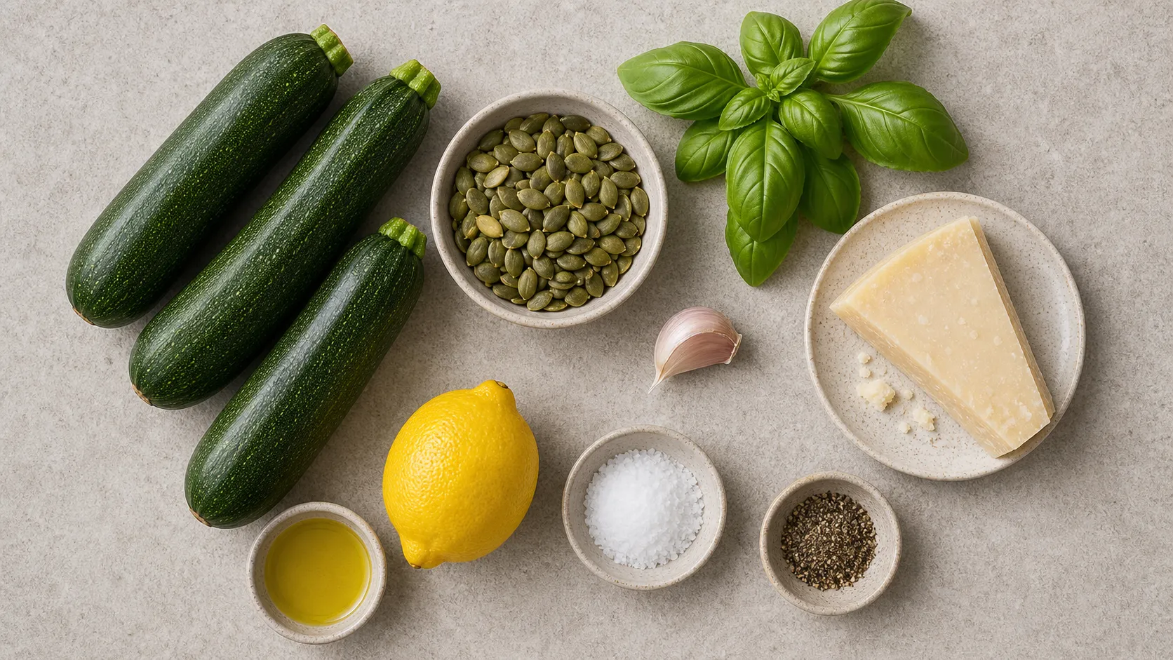 Ingredients for keto pumpkin seed pesto: pumpkin seeds, basil, parmesan, garlic, olive oil and zucchini
