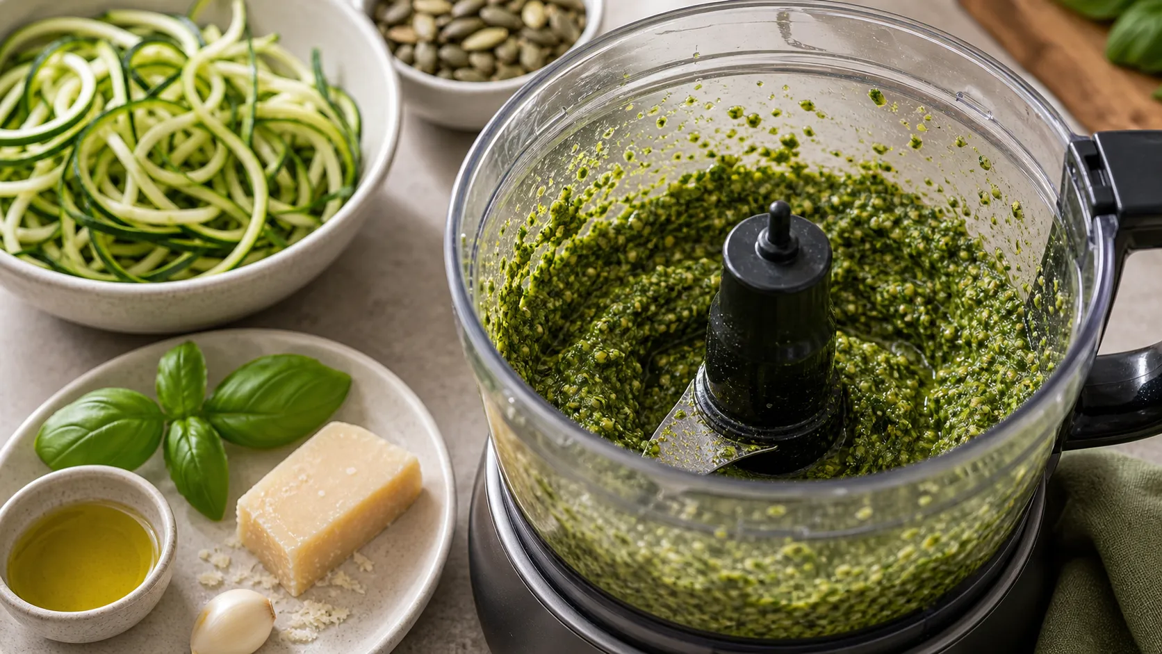 Pumpkin seeds and basil being blended in a food processor into a green pesto