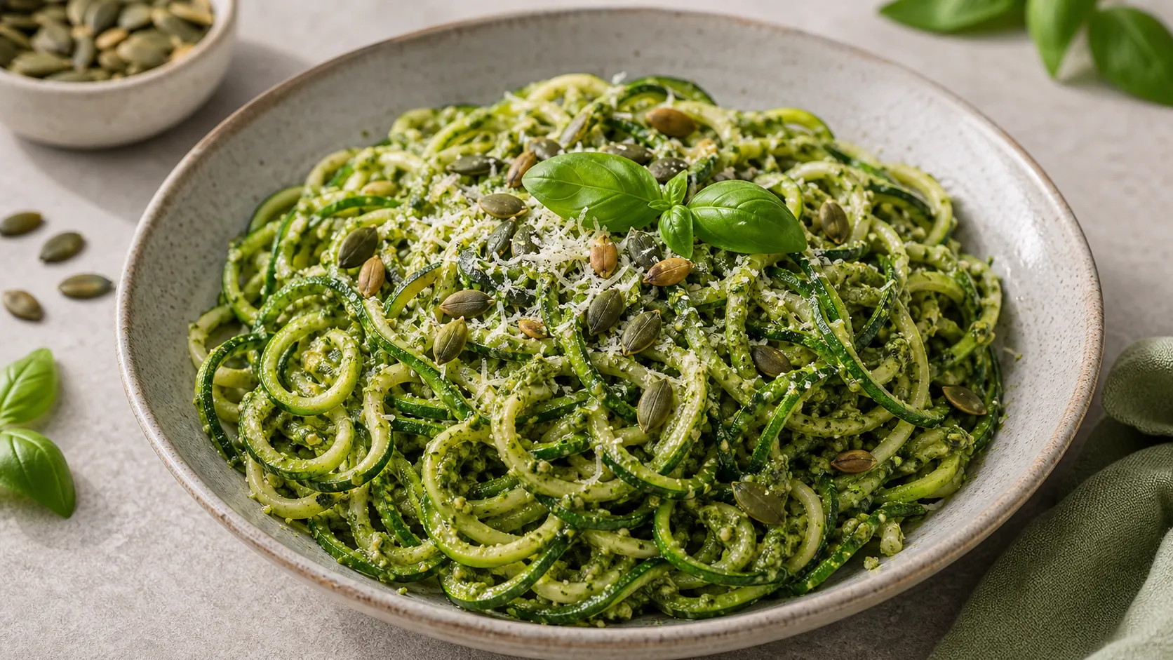 Keto zoodles with green pumpkin seed pesto, grated parmesan on top and whole pumpkin seeds as a topping