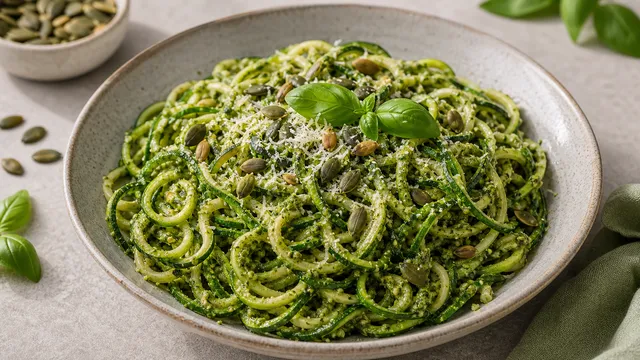 Keto zoodles with green pumpkin seed pesto, grated parmesan on top and whole pumpkin seeds as a topping
