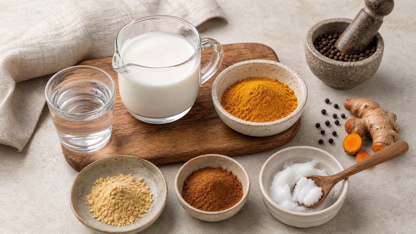 Ingredients for the golden tonic: coconut milk, turmeric, cinnamon, ginger, black pepper and coconut oil