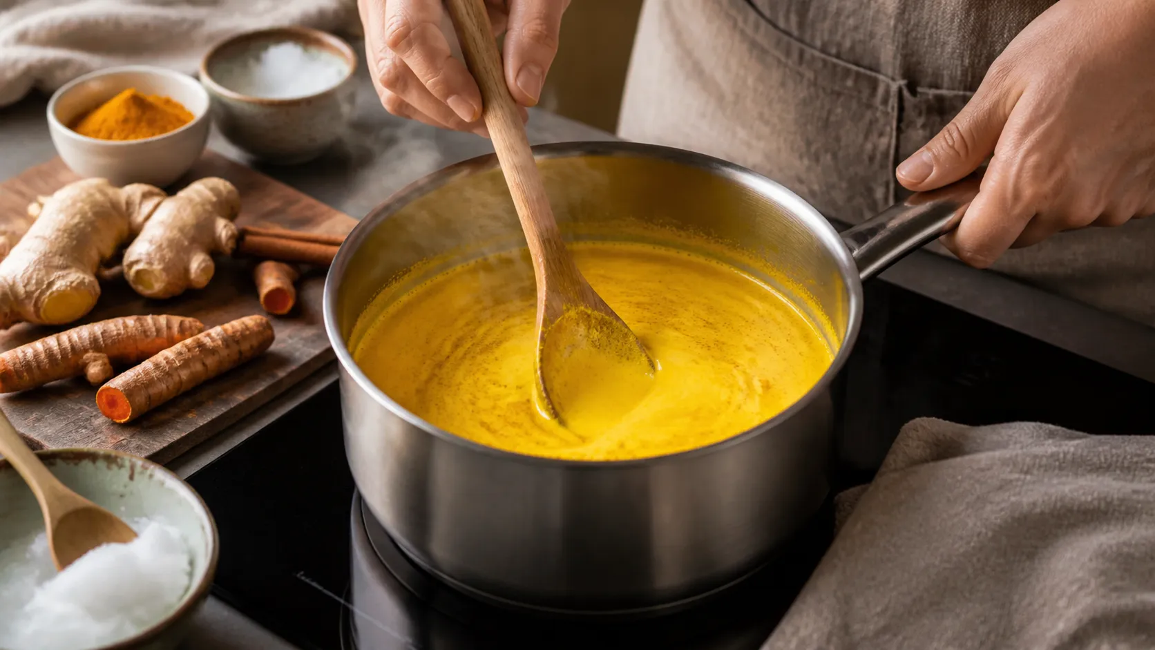 Golden turmeric coconut milk warming gently in a small saucepan