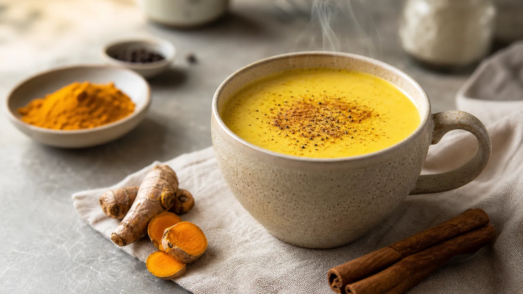 Keto turmeric coconut golden tonic in a mug with a deep golden color and a pinch of black pepper