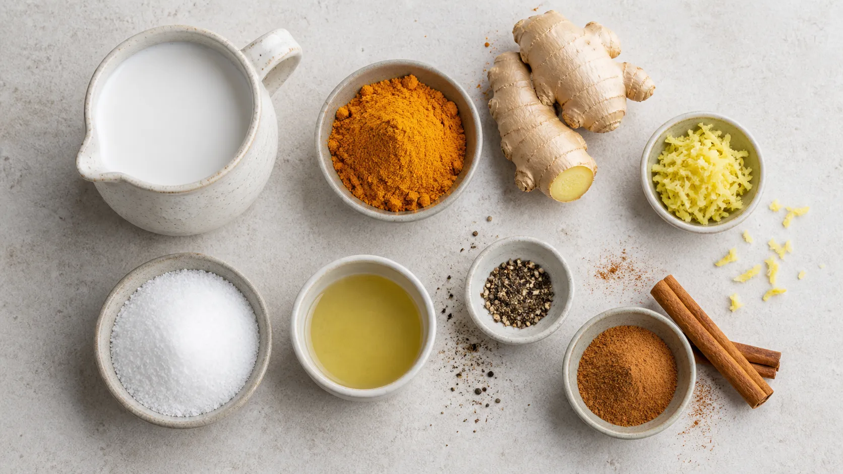 Flatlay of the ingredients for keto turmeric coconut latte with coconut milk, turmeric, ginger, black pepper, cinnamon, erythritol and MCT oil