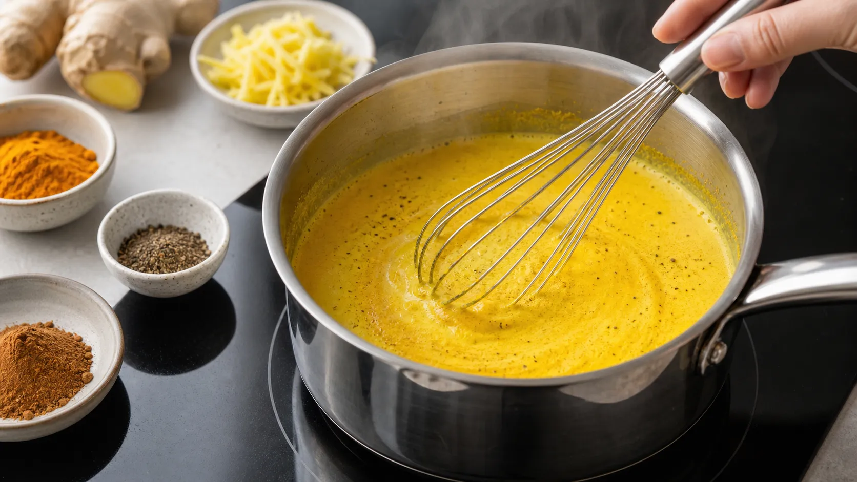 Turmeric, ginger, black pepper and cinnamon being whisked into coconut milk for a keto latte