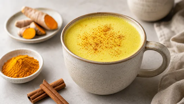 Keto turmeric coconut latte as golden milk with foam and cinnamon in a mug