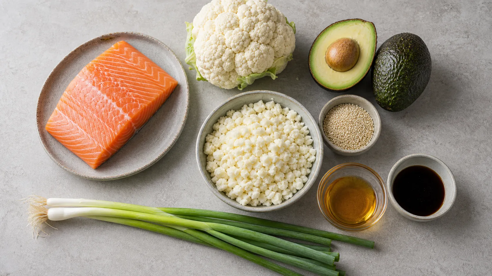 Ingredients for keto salmon bowl: salmon fillet, cauliflower, avocado, sesame seeds, tamari and spring onion