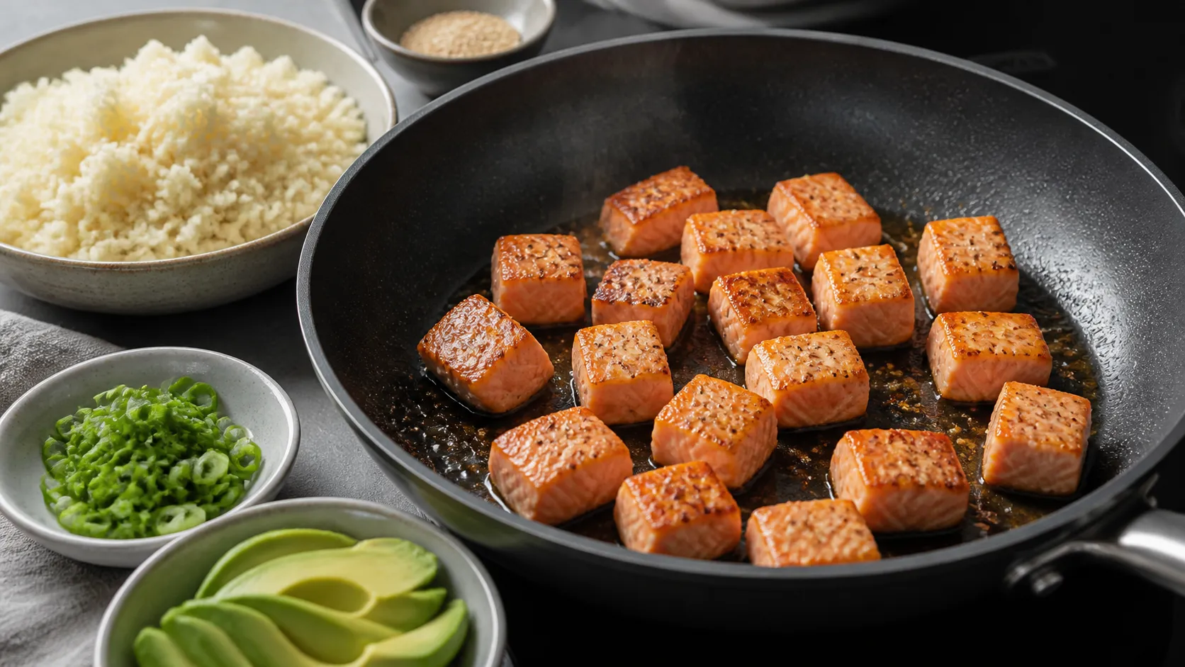 Salmon cubes searing in sesame oil next to cauliflower rice and avocado for the keto bowl