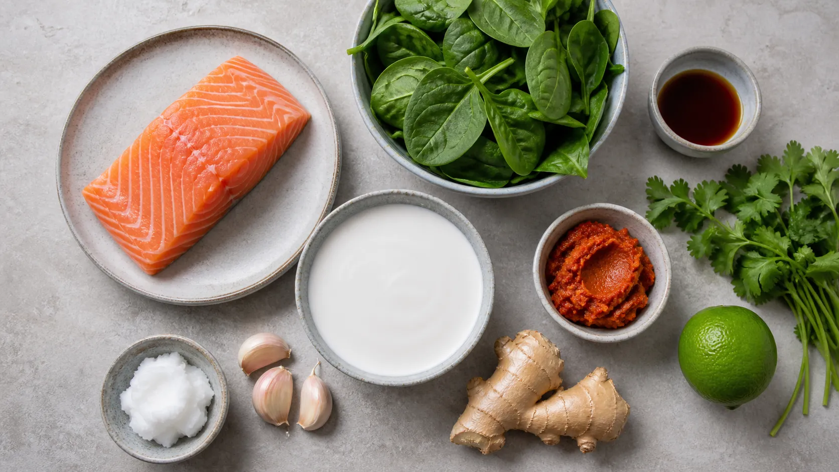 Ingredients for keto salmon curry: salmon filet, coconut milk, baby spinach, red curry paste, ginger, lime and cilantro