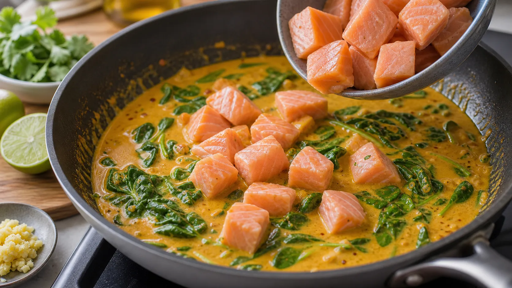 Salmon pieces simmering in a golden coconut curry sauce with baby spinach in a pan