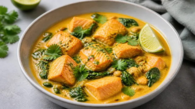 Keto salmon curry with coconut milk, baby spinach, lime and cilantro in a bowl