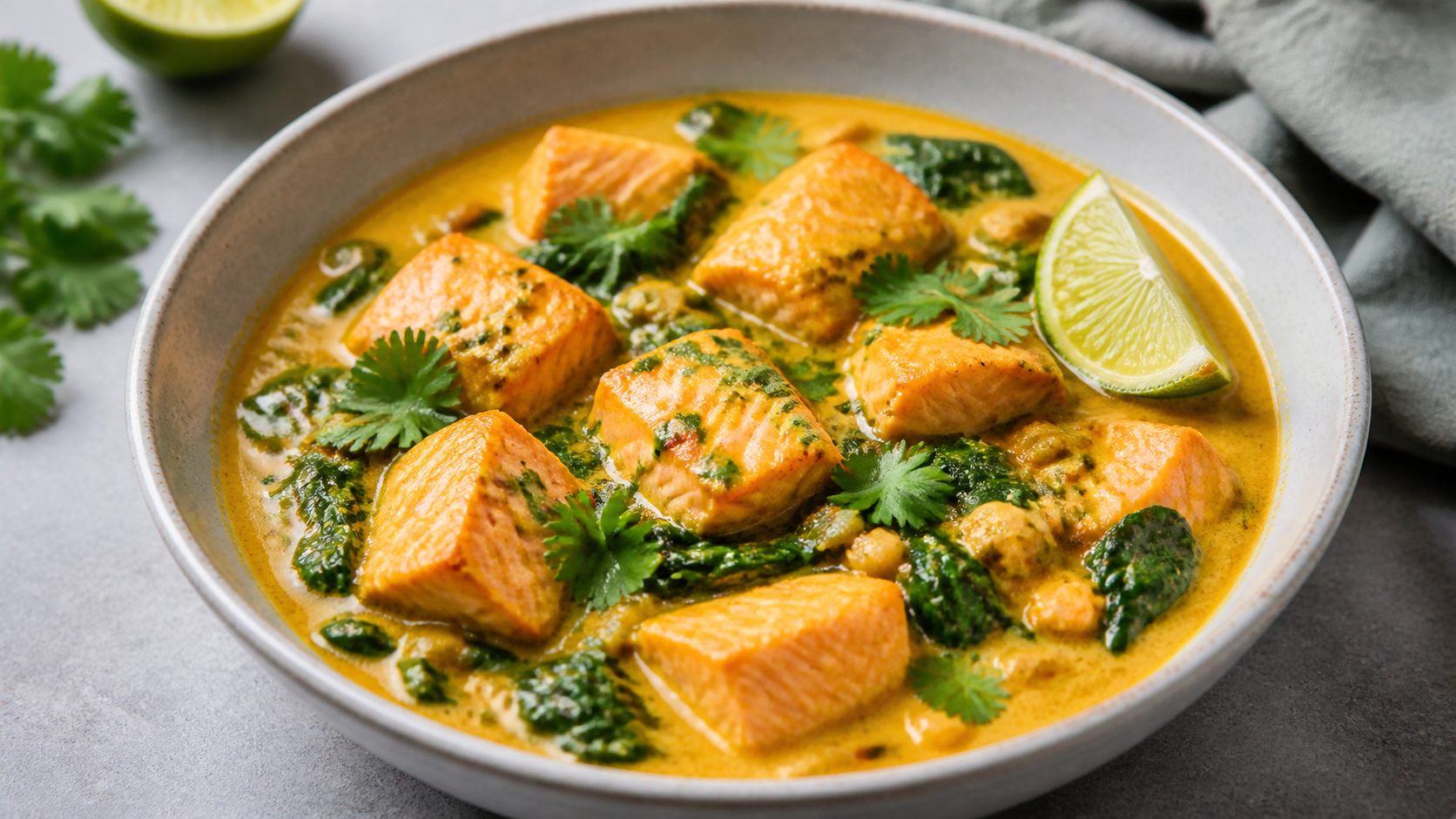 Keto salmon curry with coconut milk, baby spinach, lime and cilantro in a bowl
